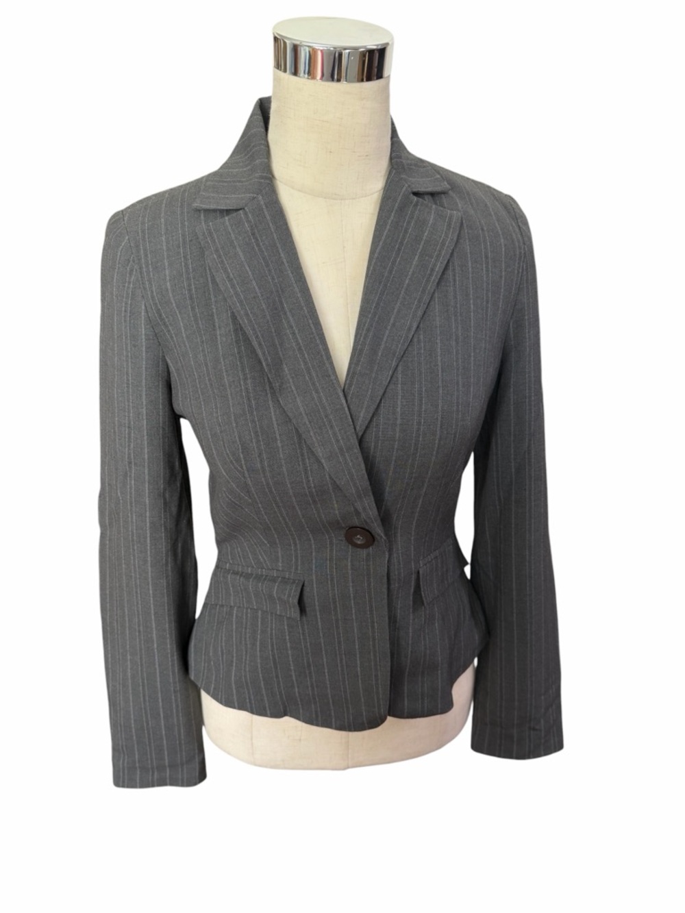 MY MICHELLE Medium Gray With Light Gray Pin Stripe Cropped Blazer